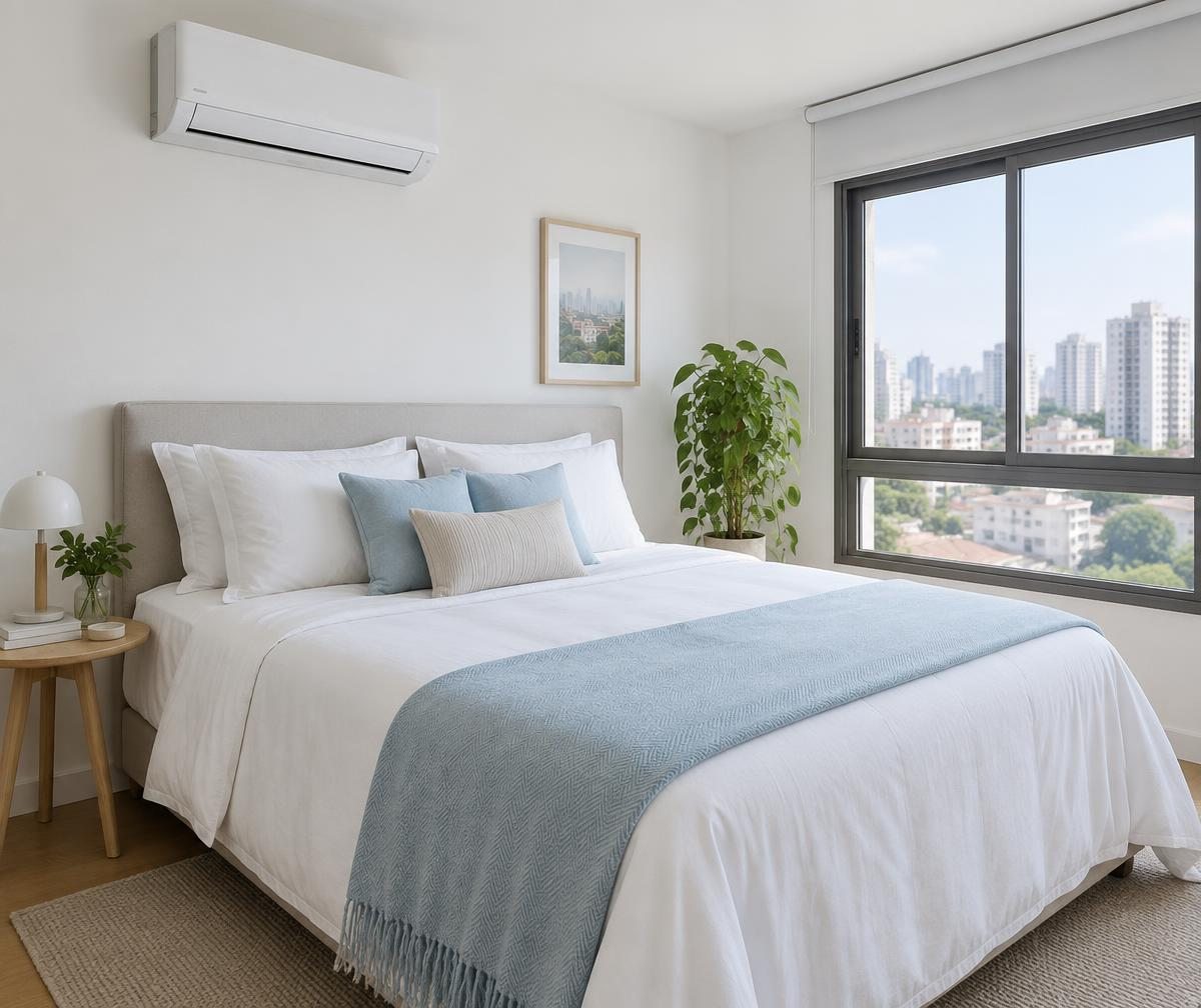 Ar-condicionado split instalado em um quarto de apartamento